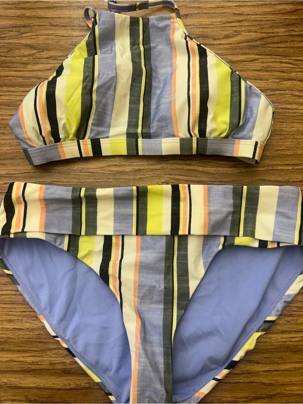 Prana Striped High-Neck Bikini in Light Blue, Yellow, Cream and Black